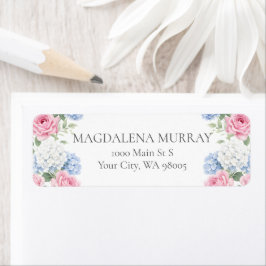 Blue Hydrangea and Pink Rose Floral English Garden Etiket