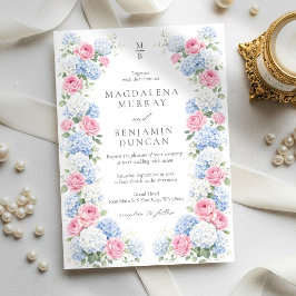 Blue Hydrangea and Pink Rose Floral Garden Wedding Kaart