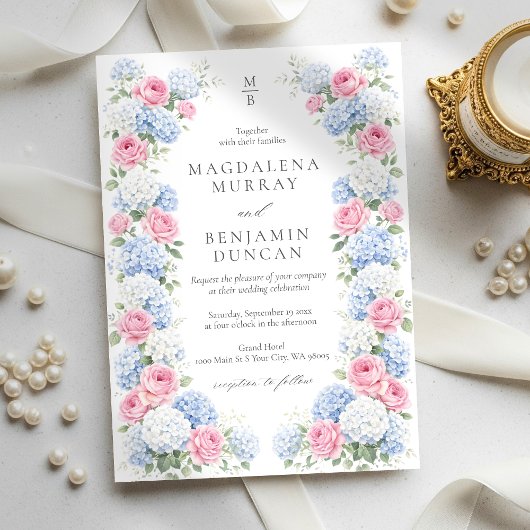 Blue Hydrangea and Pink Rose Floral Garden Wedding Kaart