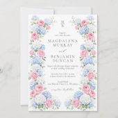 Blue Hydrangea and Pink Rose Floral Garden Wedding Kaart (Voorkant)
