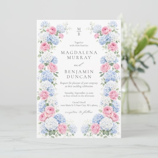 Blue Hydrangea and Pink Rose Floral Garden Wedding Kaart (Staand voorkant)