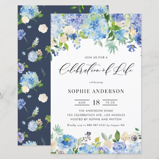 Blue Hydrangea and Rose Celebration of Life invite (Voorkant / Achterkant)