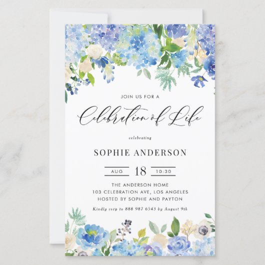 Blue Hydrangea and Rose Celebration of Life invite (Voorkant)