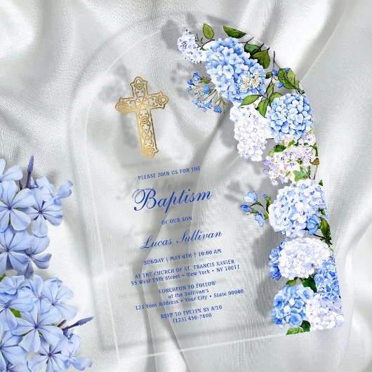Blue Hydrangea Arch Baptism Acryl Uitnodigingen