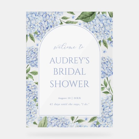 Blue Hydrangea Arched Welcome Sign, Flower Border Acryl Bord (Voorkant)