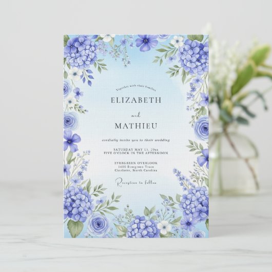 Blue Hydrangea Artistic Bloom Wedding Kaart (Staand voorkant)