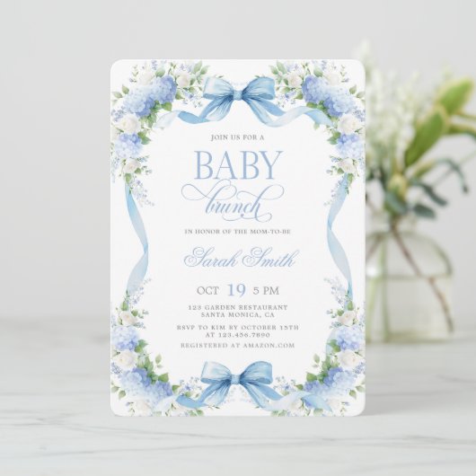 Blue Hydrangea Baby Brunch Kaart (Staand voorkant)