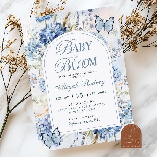 Blue Hydrangea Baby in Bloom Baby shower Kaart