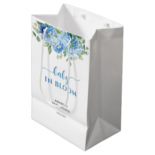 Blue Hydrangea Baby in Bloom Baby shower Medium Cadeauzakje (Voorkant Gekanteld)