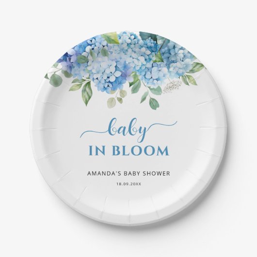 Blue Hydrangea Baby in Bloom Baby shower Papieren Bordje (Voorkant)