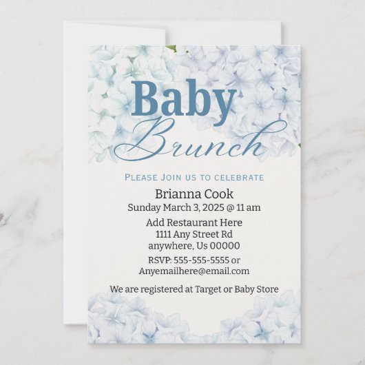 Blue Hydrangea Baby shower/Baby Brunch Uitnodiging (Voorkant)