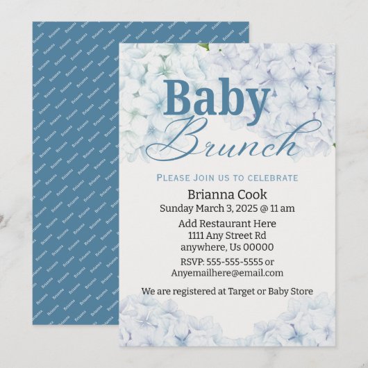 Blue Hydrangea Baby shower/Baby Brunch Uitnodiging (Voorkant / Achterkant)