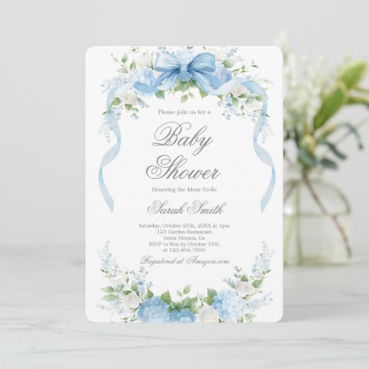 Blue Hydrangea Baby Shower Boy Invitation Kaart (Staand voorkant)
