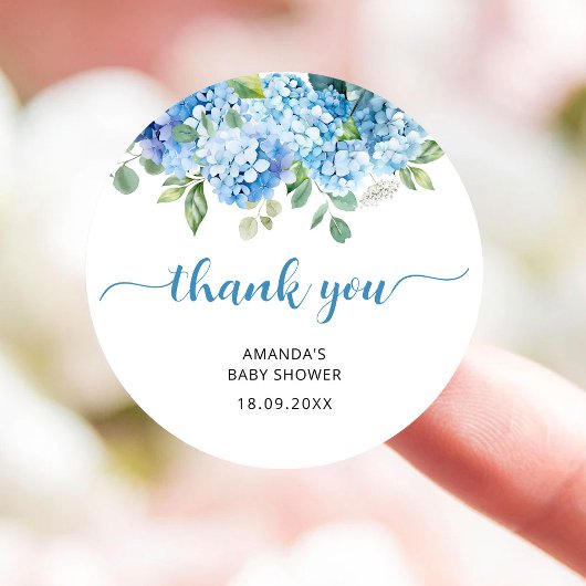 Blue Hydrangea Baby shower dank u Ronde Sticker