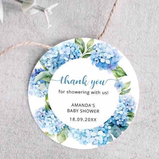 Blue Hydrangea Baby shower dank u Ronde Sticker