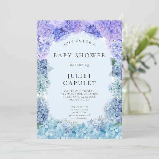 Blue Hydrangea Baby shower Invitation Kaart (Staand voorkant)