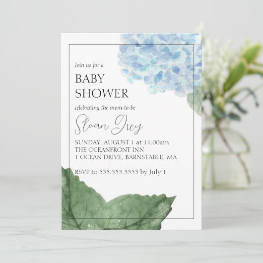 Blue Hydrangea Baby shower Invitation Kaart (Staand voorkant)