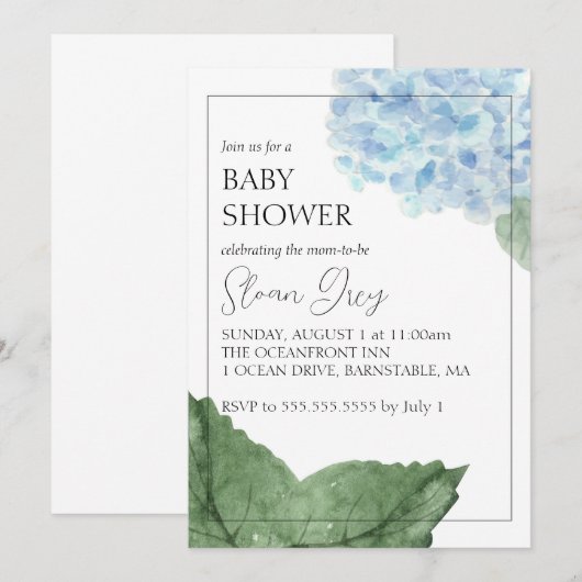 Blue Hydrangea Baby shower Invitation Kaart (Voorkant / Achterkant)