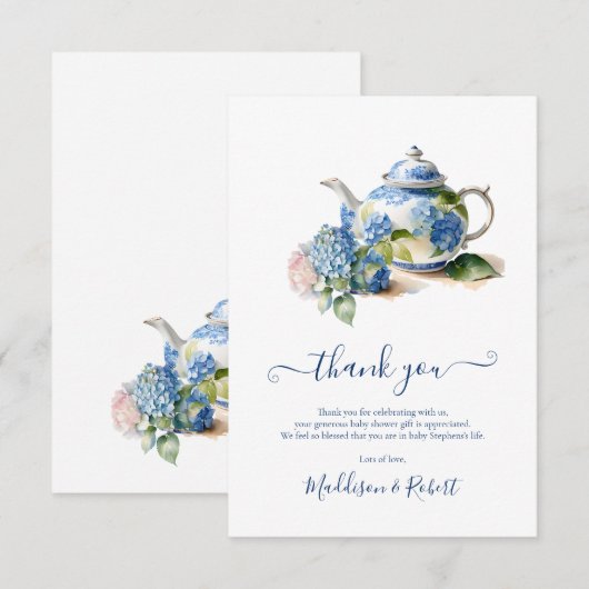 Blue Hydrangea Baby shower Tea Party Bedankkaart (Voorkant / Achterkant)