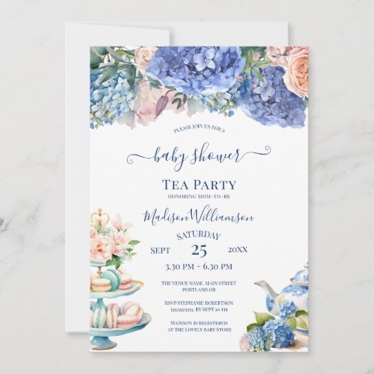 Blue Hydrangea Baby shower Tea Party Kaart (Voorkant)