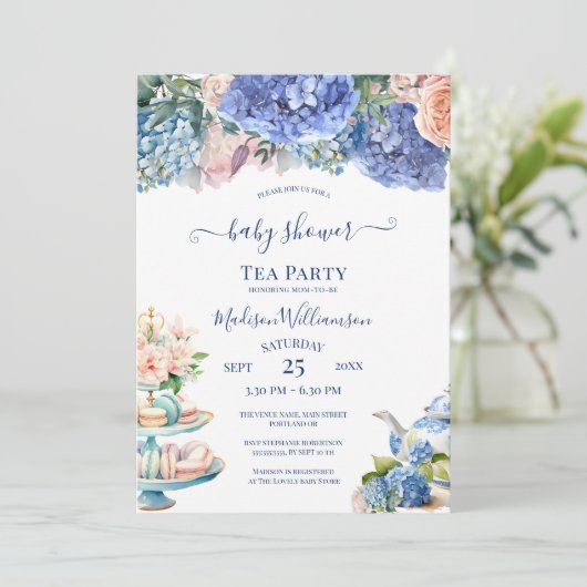 Blue Hydrangea Baby shower Tea Party Kaart (Staand voorkant)
