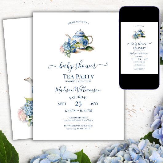 Blue Hydrangea Baby shower Tea Party Kaart
