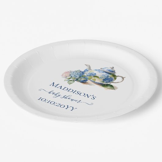 Blue Hydrangea Baby shower Tea Party Papieren Bordje (Gekanteld)