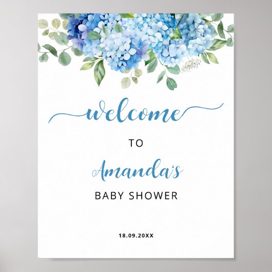 Blue Hydrangea Baby shower Welkom Poster (Voorkant)