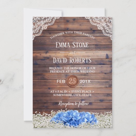 Blue Hydrangea Baby's Rustic Barn Wedding Kaart (Voorkant)