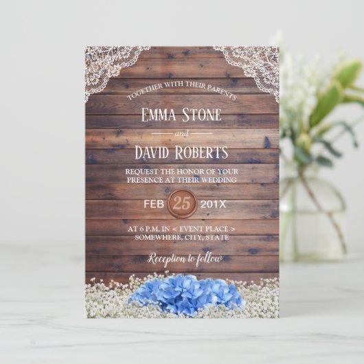 Blue Hydrangea Baby's Rustic Barn Wedding Kaart (Staand voorkant)