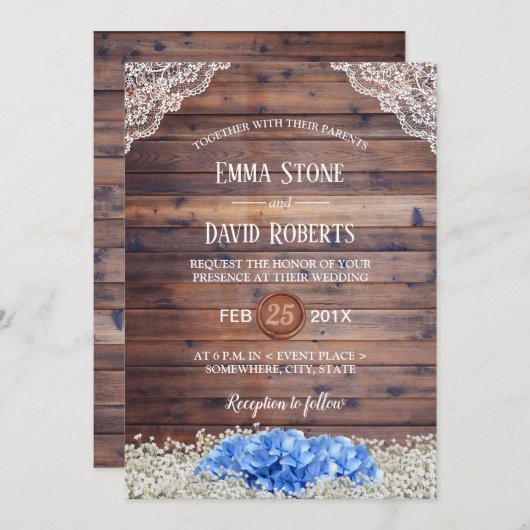 Blue Hydrangea Baby's Rustic Barn Wedding Kaart (Voorkant / Achterkant)
