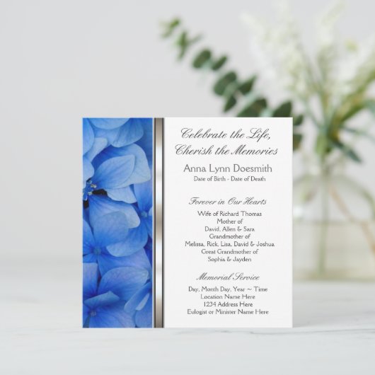 Blue Hydrangea begrafenisaankondigingen Kaart (Staand voorkant)