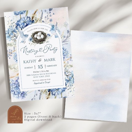 Blue Hydrangea Bird Nesting Party Kaart