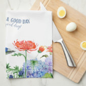 Blue Hydrangea Birds Coral Oranje Floral Good Day Theedoek (Quarter Fold)