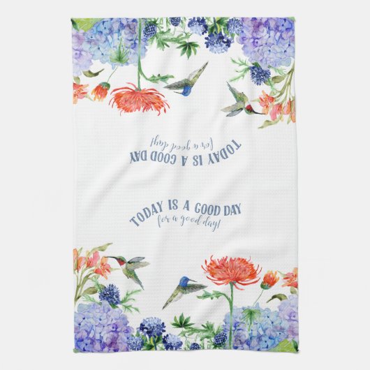 Blue Hydrangea Birds Coral Oranje Floral Good Day Theedoek (Verticaal)