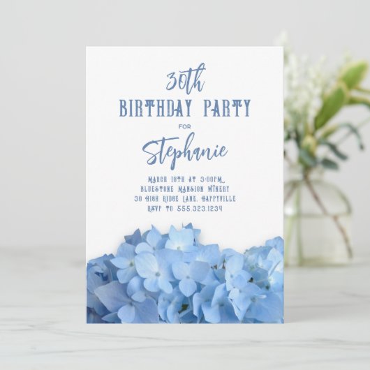 Blue Hydrangea Birthday Party for her Invitation Kaart (Staand voorkant)
