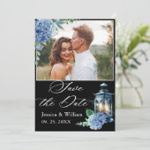 Blue Hydrangea Black Classic Lantern Photo Weddens Save The Date (Staand voorkant)
