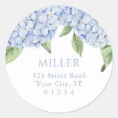 Blue Hydrangea Bloemen Gepersonaliseerd adres Ronde Sticker (Voorkant)