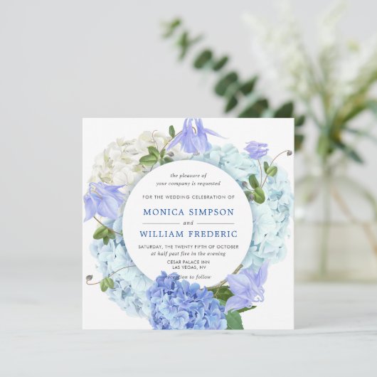 Blue Hydrangea Bloemen Groen Waterverf Bruiloft Kaart (Staand voorkant)