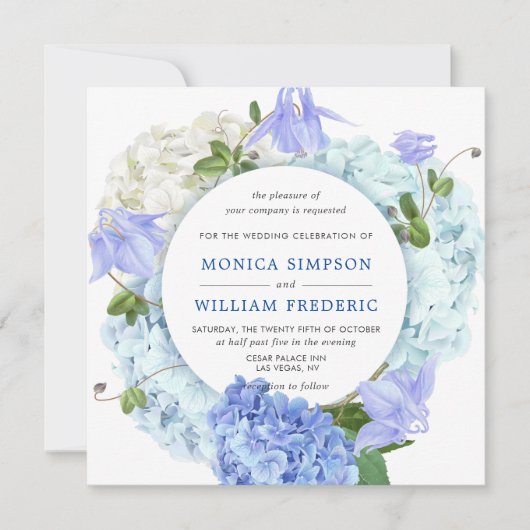 Blue Hydrangea Bloemen Groen Waterverf Bruiloft Kaart (Voorkant)