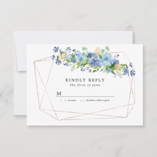 Blue Hydrangea Bloemen op Goud Geometrisch Lijst RSVP Kaartje (Voorkant)