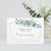 Blue Hydrangea Bloemen op Goud Geometrisch Lijst RSVP Kaartje (Staand voorkant)