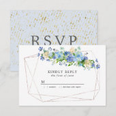 Blue Hydrangea Bloemen op Goud Geometrisch Lijst RSVP Kaartje (Voorkant / Achterkant)