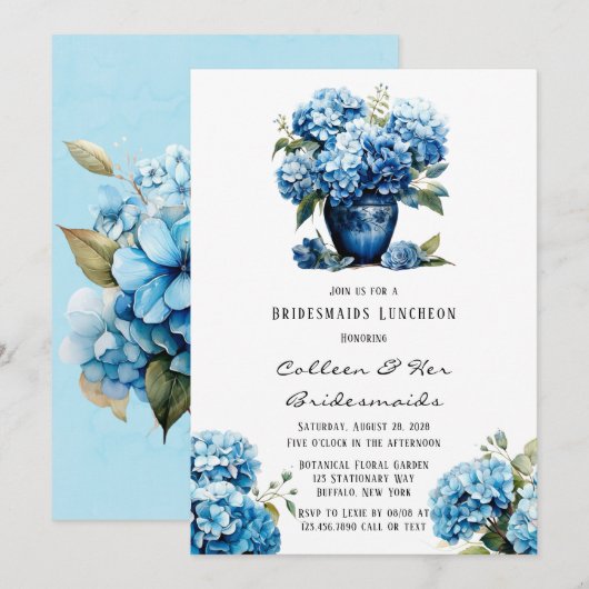 Blue Hydrangea Bloemen Vlinder Bruidsmeisjes Lunch Kaart (Voorkant / Achterkant)