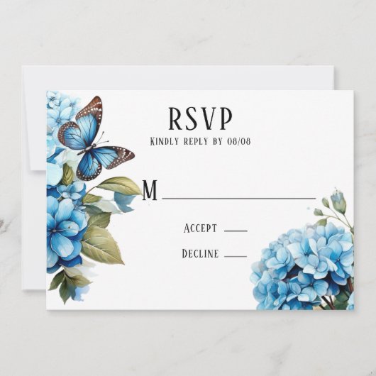 Blue Hydrangea Bloemen Vlinder Bruiloft RSVP Kaart (Voorkant)