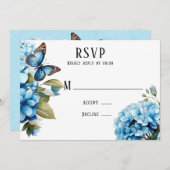 Blue Hydrangea Bloemen Vlinder Bruiloft RSVP Kaart (Voorkant / Achterkant)