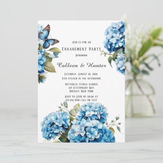 Blue Hydrangea Bloemen Vlinder Verlovingsfeest Kaart (Staand voorkant)