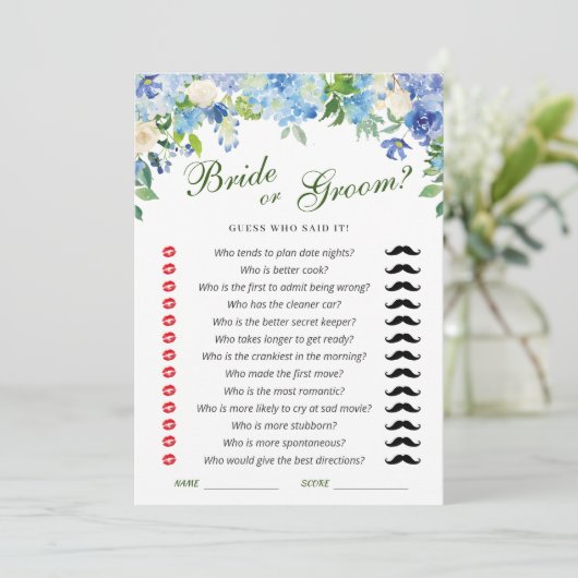 Blue Hydrangea Bloemen Vrijgezellenfeest Game Kaar Kaart (Staand voorkant)