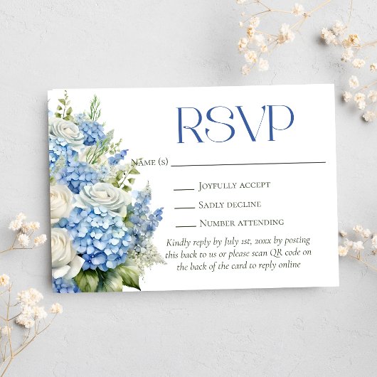 Blue Hydrangea Bloemenbruiloft QR Code Website RSVP Kaartje