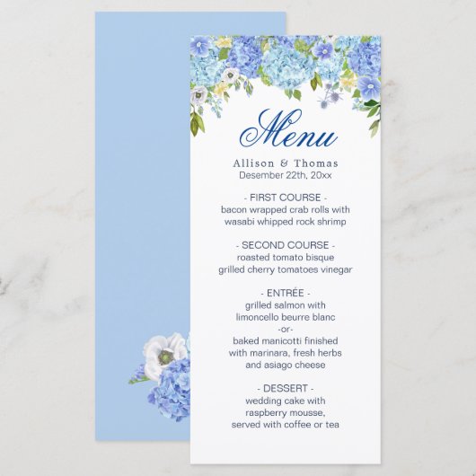 Blue Hydrangea Bloemengroen Bruiloft Menu Kaart (Voorkant / Achterkant)